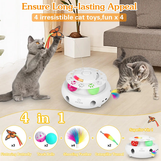 INKZOO 4-in-1 Interactive Cat Toys for Indoor Cats, Automatic 6 Holes Mice Whack-A-Mole, Fluttering Butterfly, Track Balls, USB