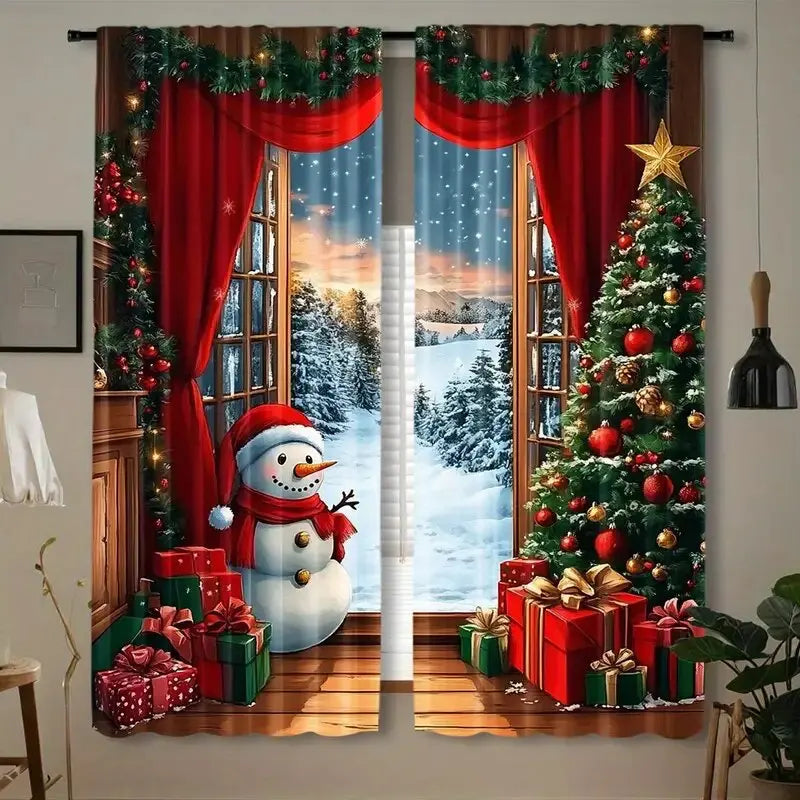 2pcs The scene of Santa Claus and the snowman, simple wood printed curtains - home decor, room decor