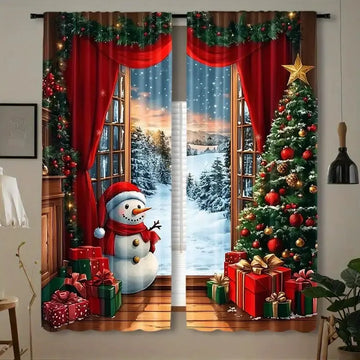 2pcs The scene of Santa Claus and the snowman, simple wood printed curtains - home decor, room decor