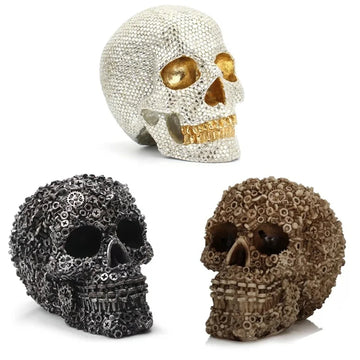 Creative Craft Skull Flowers Sculpture Horror Screw Gear Mechanical Style Statue Home Halloween Skeleton Head Decorative Crafts