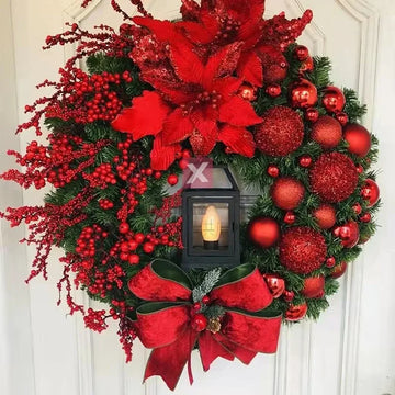 35cm Christmas Decoration Golden Wreath With Lamp For Front Door Red Ball Flower Garland Xmas Ornament Window Wall Hanging Decor