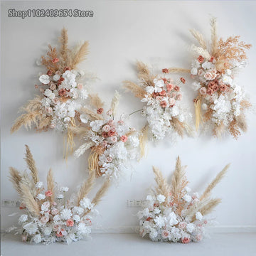 New Natural Dried Pampas Grass with Gold Leaves, Wall Hanging, Flower Row, Road Lead Floral Ball, Wedding Arch Backdrop Props