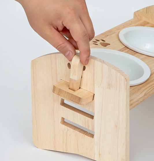 Adjustable Height Wooden Cat Bowl Stand - Anti-Slip Stainless Steel Pet Food Dish Holder for Dogs & Cats, Tilted Design