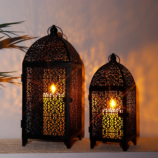 2Pcs Metal Candle Holder Black Vintage Candle Lantern Decorative Hanging Lantern with Hollow Pattern for Party Garden Home Decor