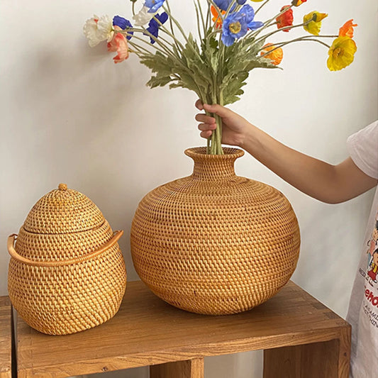 Large Rattan Flower Vase Living Room Dining Room Table Decoration Dry Flower Vase Arrangement Country Style Home Decoration Vase