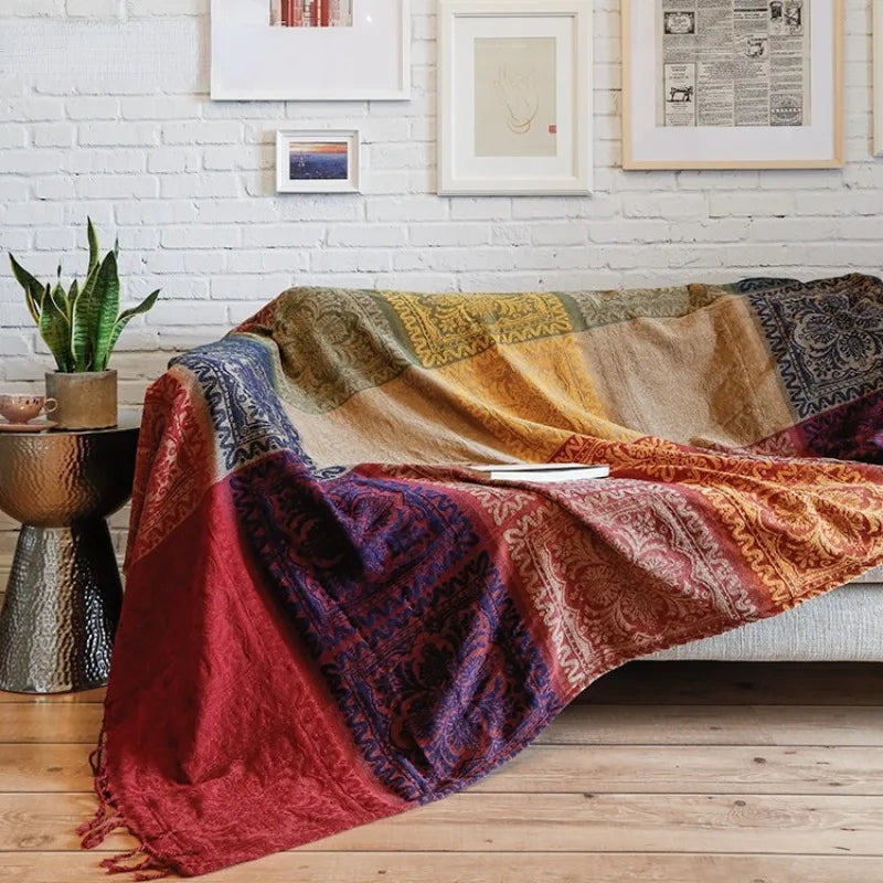 Large Boho Plaid Blanket Romantic Bohemian Chenille Throw Jacquard Gaint Couch Cover Plaid Tassels Decorative Sofa Chair Blanket