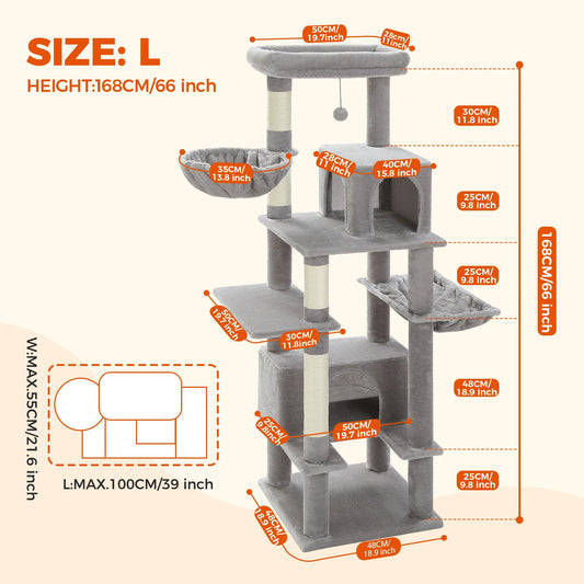 Cat Tree with Super Large Metal Hammock, 2 Big Comfortable Condos and Sisal-Covered Scratching Post for Indoor Cats Large Adult