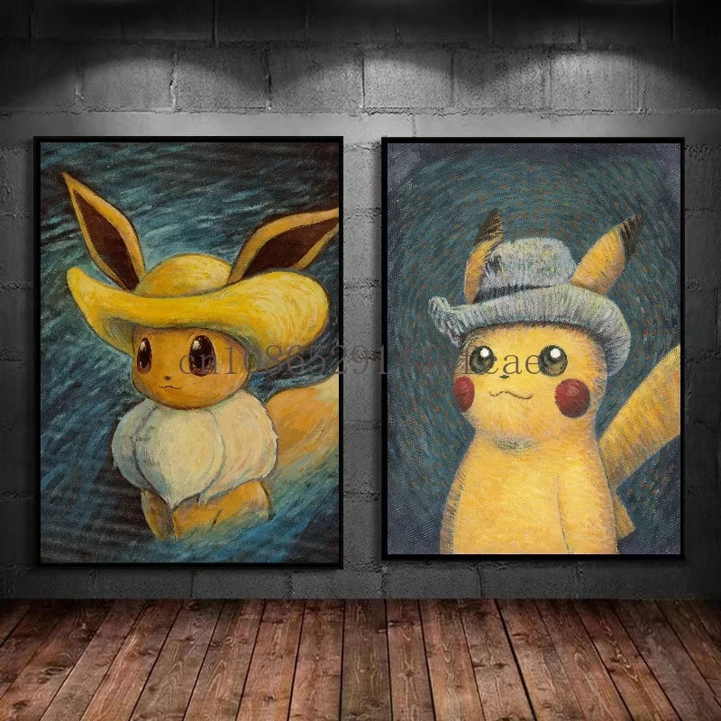 Van Gogh Museum Pokemon Anime Figures Pikachu Watercolor Painting Canvas HD Posters and Abstract Art Murals Picture Home Decor