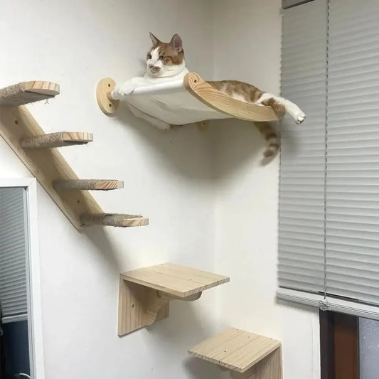 Wooden Cat Tree Tower Wall Mounted Cat Climbing Shelves Hammock Stairs House Cats Walk Playground Pet Furniture Accessories