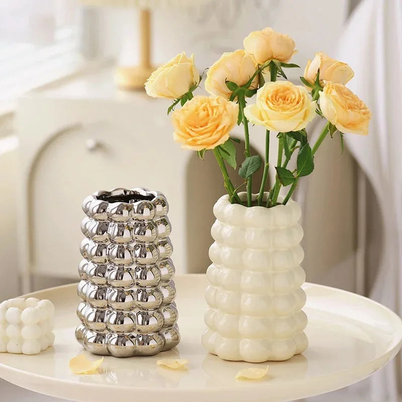 Nordic Ceramic Vase Ornaments Milk White Silver Vases Dinner Table Flower Arrangement Home Room Decor