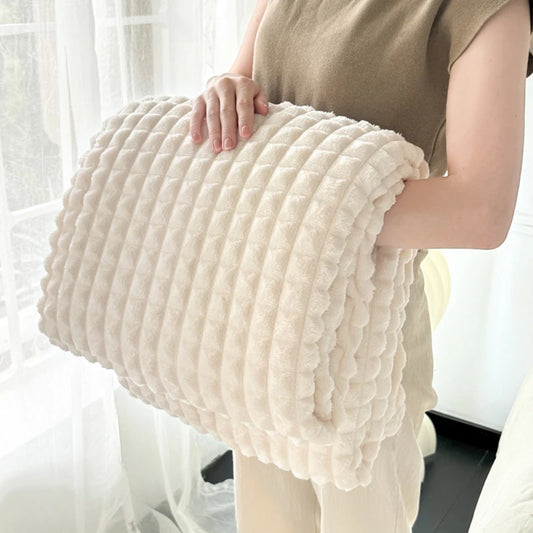 All-Season Plaid Flannel Blanket Soft Lightweight Faux Rabbit Fur Throw Blankets for Sofa Bed Single Double Warm Plush Bedspread