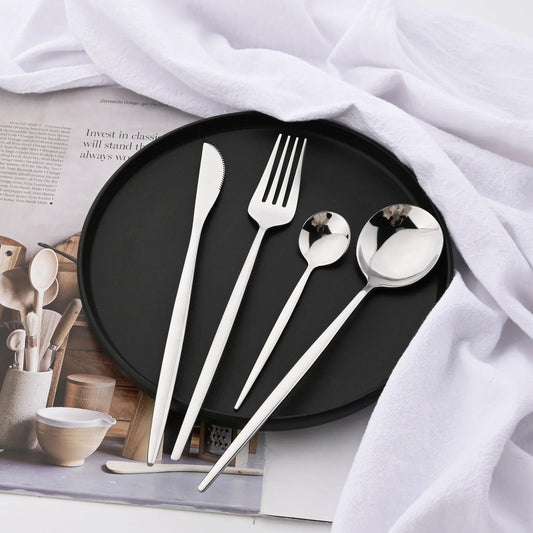24Pcs Luxury Mirror Flatware Set Kitchen Stainless Steel Tableware Set Hotel Dinnerware Set Western Silver Cutlery Set Gift