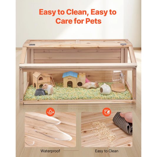SucceBuy Wooden Hamster Cage 270° Viewing Hamster Habitat Hamster Cage with Openable Top Ventilated Animal Cage for Gerbils Mice