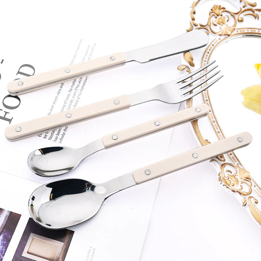 Beige Silver 4/16Pcs Dinnerware Acrylic Handle Knife Fork Spoon Set Stainless Steels Cutlery Set Western Dinner Kitchen Flatware