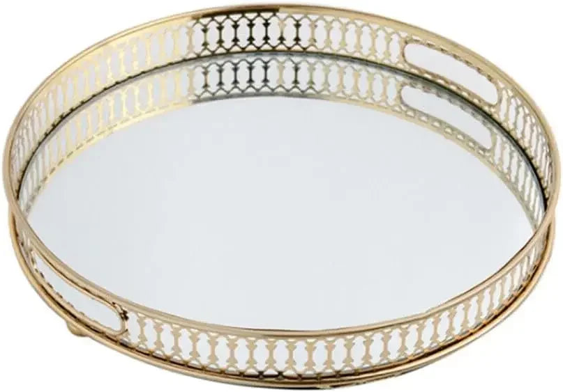 Mirror Tray, 32 cm Tray, Stones, Metal Decorative Tray, Candle Storage Organiser, Gold, Round Mirrored Tray for Birthdays