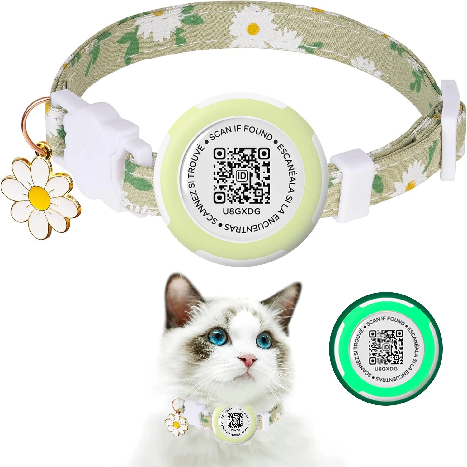 Waterproof Airtag Cat Collar, Kitten Collar Breakaway with Airtag Holder, QR tag & Flower Charm for Girl Cats Boy Cats Small Dog