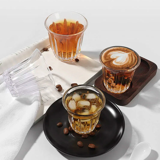 Leeseph Coffee Cup Clear Espresso Stripes Glass Cup Wide Mouth Mocha Hot Beverage Mug Drinking for Latte Cappuccino Tea Cafe