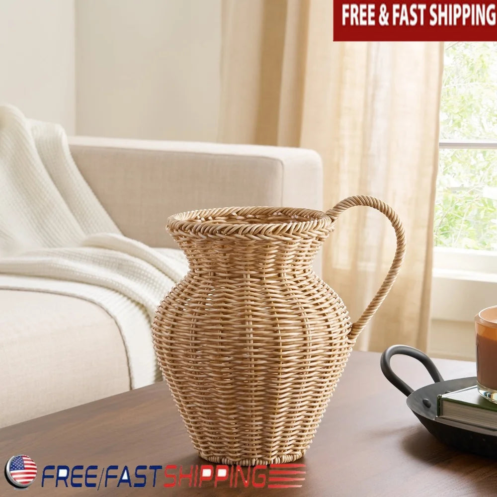 9 Inch Faux Wood Rattan Pitcher Vase Decorative Woven Design Home Decor Dried Flowers Plant Display Entryway Living Room
