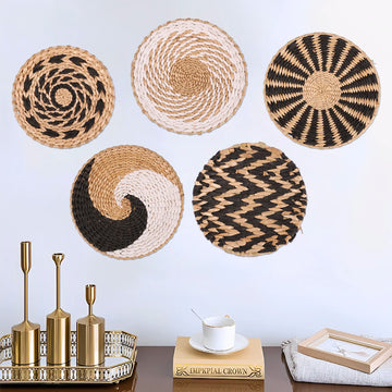 5Pcs Wall Basket Decor Set Woven Rattan Baskets Wall Hanging Decor Handmade Wall Art Natural Basket Wall Decor Serving Tray Art