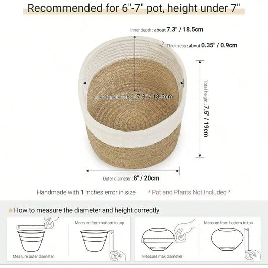 Small Cotton Rope Plant Basket Woven Plant Coil Basket for Flower Pots, Desktop Storage Box Home Decor, White and Beige