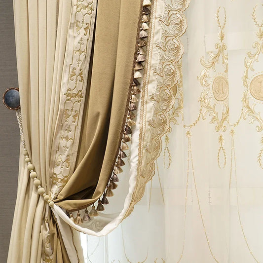 Customize European Embroidery Brown Luxury Velvet Curtains for Living Dining Room Bedroom Villa Home Window Blackout Tulle Decor