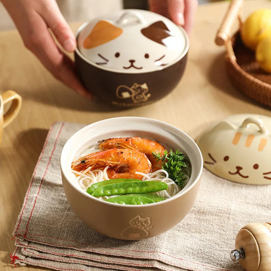 Cartoon Cat Ceramic Instant Noodle Bowl Japan Cute Cat Ceramic Bowl with Lid Fruit Bowl Cartoon Kitchen Tableware Lunch Box