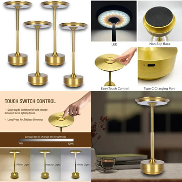Rechargeable LED Table Lamps with Portable Battery Operation, Stepless Dimming and Memory Function for Outdoor and Indoor Use