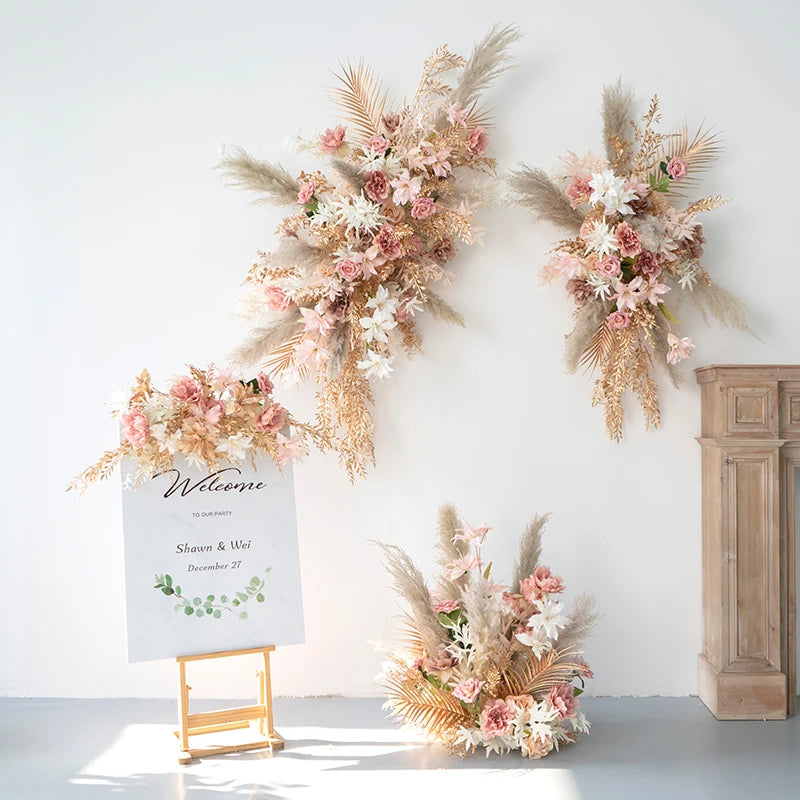 New Artificial Flower Natural Dried Pampas Grass Gold Leaves Wall Hanging Row Wedding Arch Floral Ball Backdrop Props Road Lead
