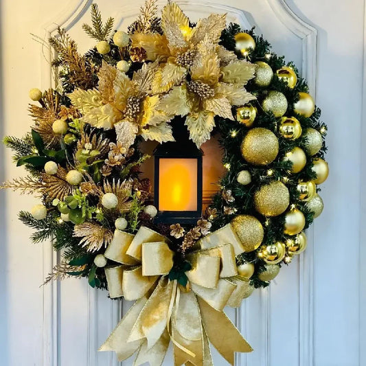 35cm Christmas Decoration Golden Wreath With Lamp For Front Door Red Ball Flower Garland Xmas Ornament Window Wall Hanging Decor