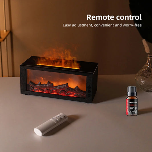 Fireplace Flame Aroma Diffuser & Humidifier, 500ml Large Capacity with Realistic 3D Flame Effect, Remote Control, Wood Grain Des