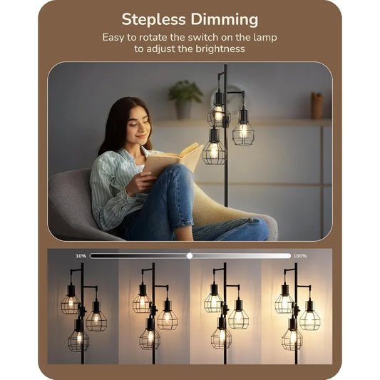 Dimmable farmhouse floor lamp with industrial style for living room featuring 3 included LED Edison bulbs black corner rustic t