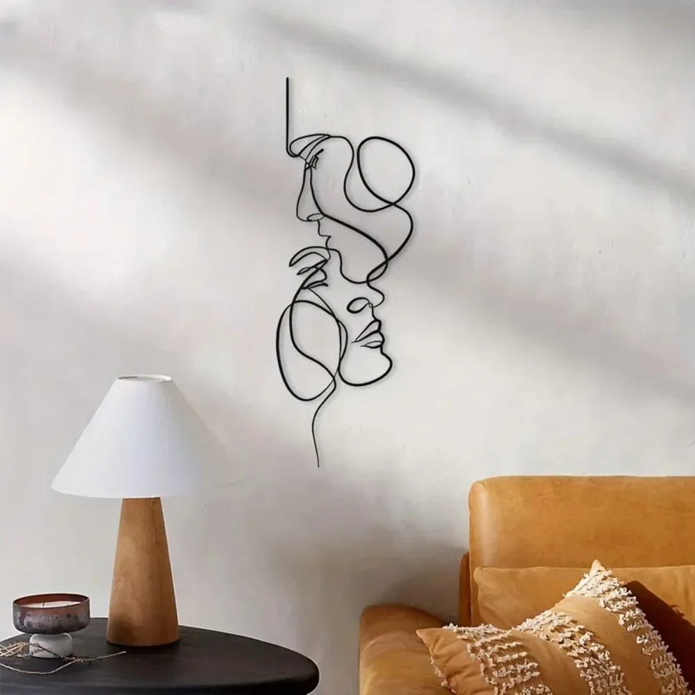 1pc Metal Wall Art Minimalist - Facial Line Wall Decor, Abstract Black Iron Sculpture for Modern Home Hanging Decor