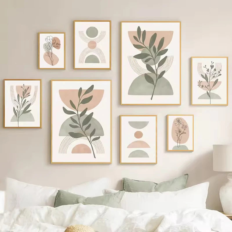 Boho Green Leaf Sun Geometry Nordic Canvas Painting Abstract Bohemian Simple Lines Posters Prints Pictures Wall Art Room Decor