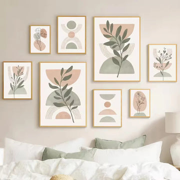 Boho Green Leaf Sun Geometry Nordic Canvas Painting Abstract Bohemian Simple Lines Posters Prints Pictures Wall Art Room Decor