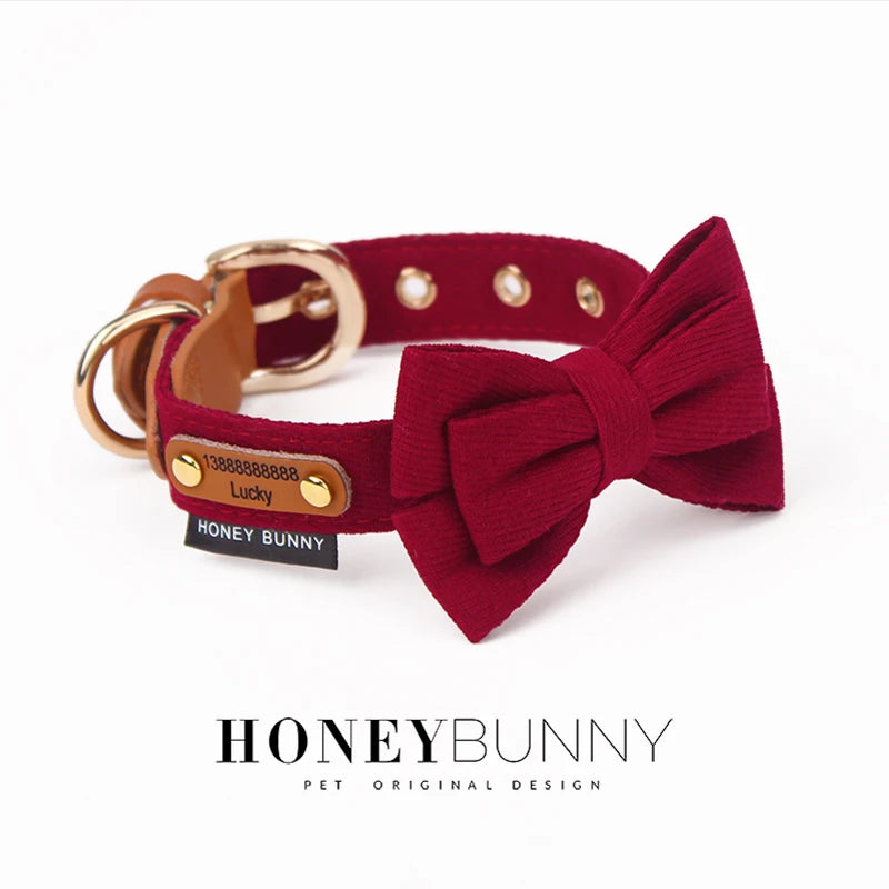 Dog Engraved Collar Genuine Leather Dog Leash Bowknot Small Medium Dogs Traction Rope Anti-lost Phone Tag Custom Pet Accessories