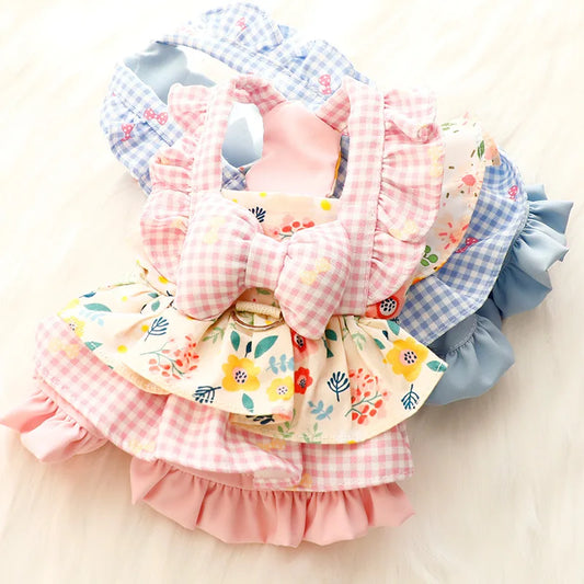 Spring/Summer Thin Dog Clothes, Floral Cat Princess Dresses with Leashes, Lolita Style Outfits for Small DogsTeddy