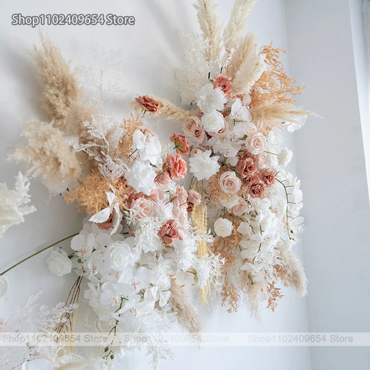 New Natural Dried Pampas Grass with Gold Leaves, Wall Hanging, Flower Row, Road Lead Floral Ball, Wedding Arch Backdrop Props