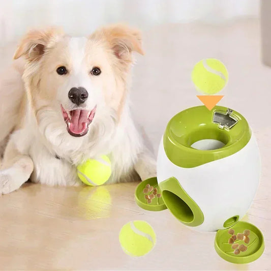 Pet Dog Tennis Ball Launcher Interactive Food Dispensing Toy with Slow Feeder for Indoor Outdoor Pets