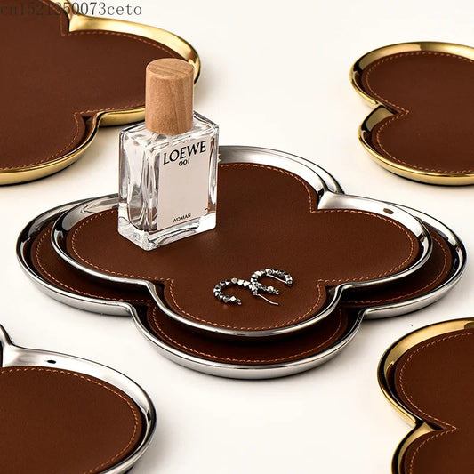 European style luxury four leaf clover ceramic leather jewelry aromatherapy storage tray living room entrance key tray ring dish