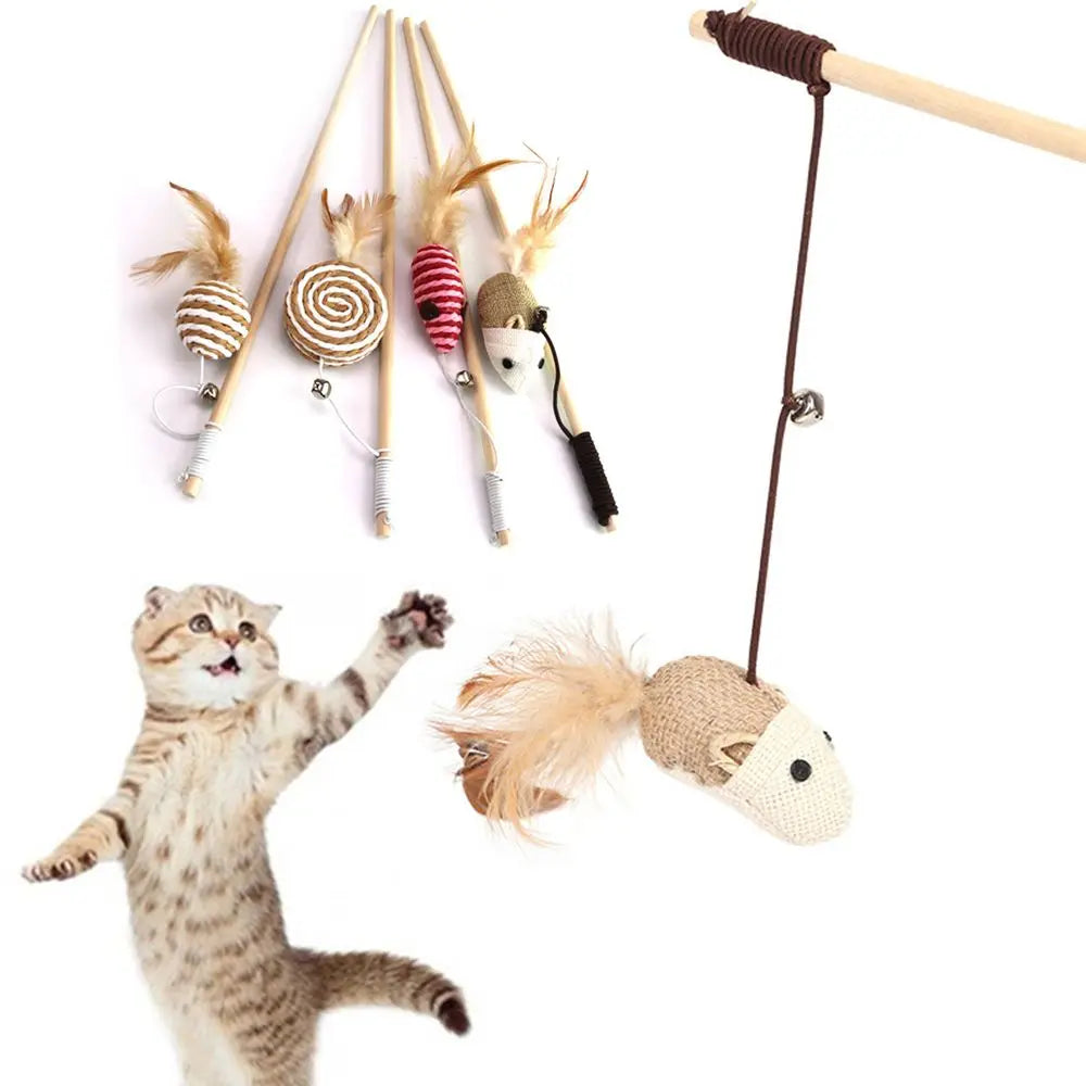 1PC Teaser Feather Toys Kitten Funny Colorful Rod Cat Wand Toys Wood Pet Cat Toys Interactive Stick Pet Cat Supplies