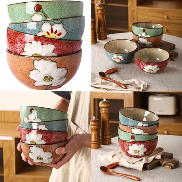 ceramic soup bowls for kitchen, 28oz flower bowls set of 4, suitable for breakfast, lunch, dinner, ideal for ramen, cereal, past