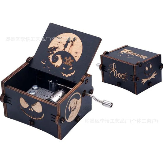 Wooden Hand Crank Music Box Retro Engraving Music Box UV Color Printing Halloween Merry Christmas Music Box Birthday Gift