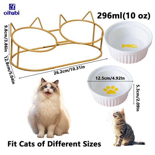 Oitabi Cat Bowls, Double Ceramic Pet Bowls with 15° Tilted Raised Stand for Food and Water, Anti Vomiting Cat Dish Feeder