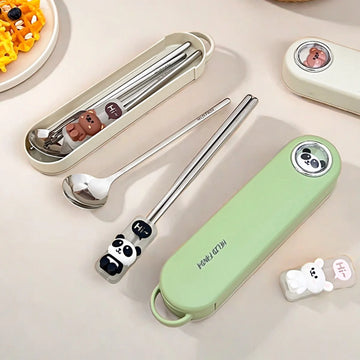 WORTHBUY 316 Stainless Steel Fork Spoon Chopsticks Cutlery Set Kids Students Portable Cute Dinnerware Set With Chopsticks Rest ﻿
