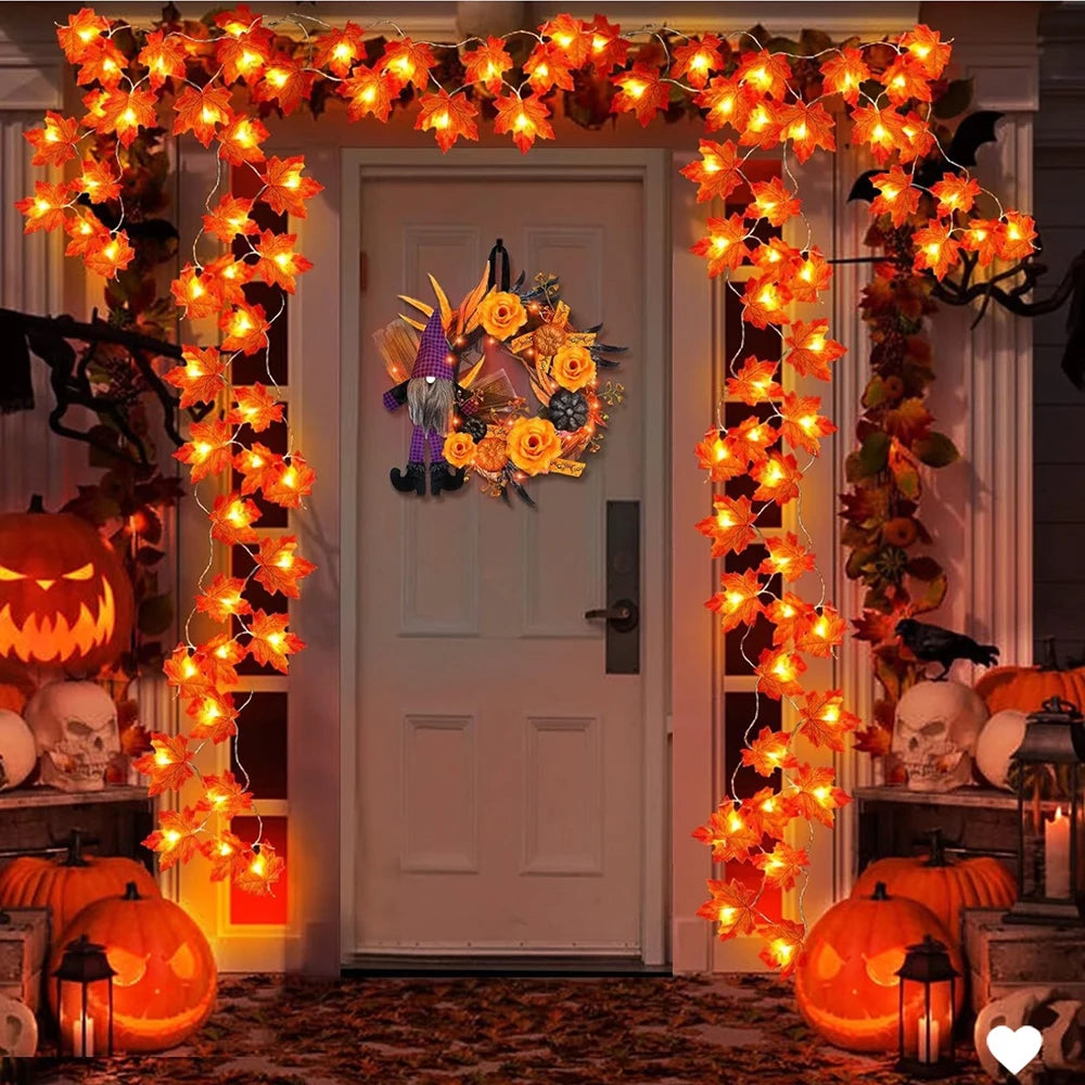 2/3M Halloween LED Lights String Artificial Maple Leaf Lantern Garland Halloween Christmas Thanksgiving Day Home Decorations