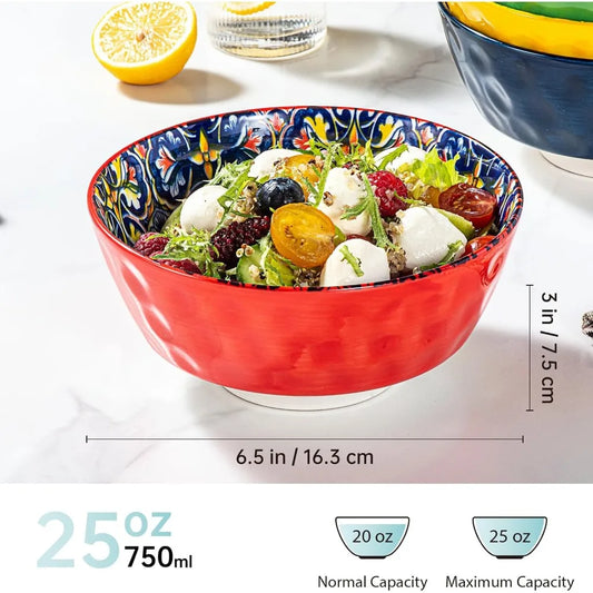 ceramic cereal, soup bowls set of 6-25 oz porcelain serving bowls for dinner, pasta, salad, oatmeal, microwave & dishware safe