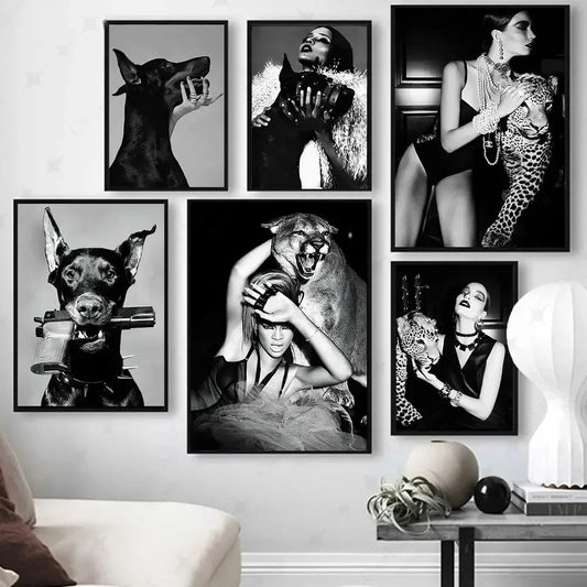 Black and White Fashion Star Dog Poster Sexy Woman Hepburn Wall Art Canvas Printing Nordic Pictures Print Living Room Home Decor