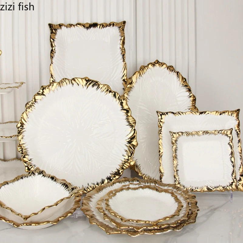 Golden Edged Ceramic Dining Plate Western Steak Plate Sushi Plates Dessert Bowl Sashimi Plates Fruit Dish Salad Bowl Soup Bowls
