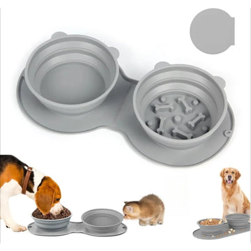 1PCS Retractable Silicone Dog Cat Bowl Outdoor Travel Dog Slow Feeding Bowls Collapsible Double Feeder Dish Prevents Overfeeding