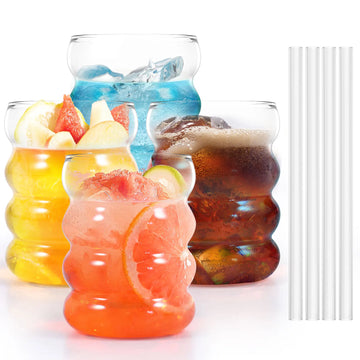 1 Set Bubble Drinking Glasses 10oz Ribbed Drinking Glass Cups Wide Opening Glassware Water Cup for Cocktail Soda Juice Bar Tools